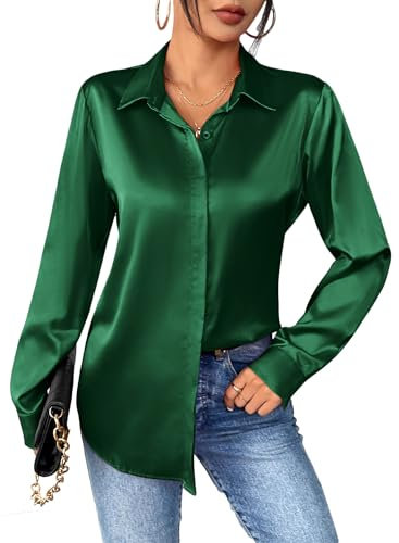 Zeagoo Damen Satin Bluse Elegant V-Ausschnitt Seidenbluse Langarm Button Down Satinbluse Business Work Satin Hemd Casual Blusen Shirt Basic Solide Oberteile Grün L