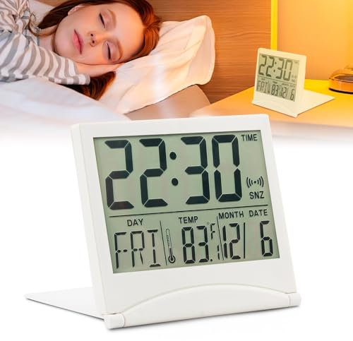 LANAFAY Digital Travel Clock, Foldable Desk Alarm with LCD Display, Compact Clock with Day, Date and Temperature Indication, Portable Folding Table Alarm Battery Operated for Bedroom Office(Silver)
