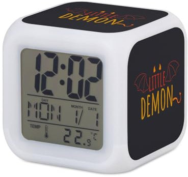 Fabulous Little Demon Cute Original Drawing Devil Wecker, beleuchtet, Schwarz, 7,8 x 7,8 x 7,8 cm, Retro-Beleuchtung, mehrfarbig, LED
