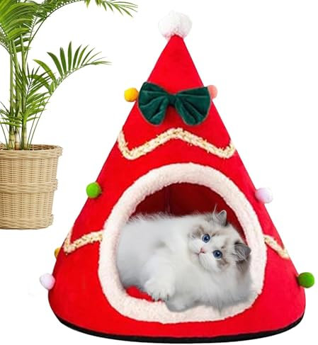 Grotta del gatto 'albero di Natale, Casa del gatto 'albero di Natale | per gatti in peluche,Cuccia natalizia semichiusa per gatti, caldo e accogliente per gatti e cuccioli