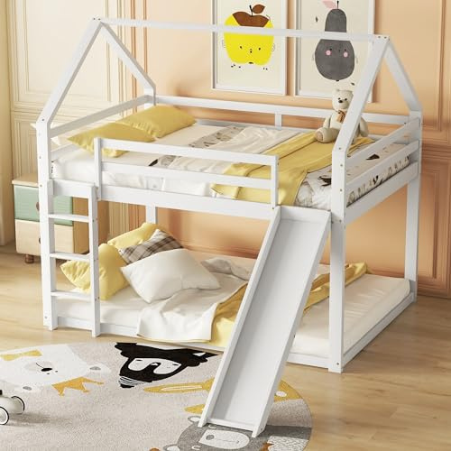 Generisch Hausbett Etagenbett mit Rutsche und Leiter, Hoch-Doppel-Stockbett,bodenbett, Doppelbett 140x200cm (Weiß)