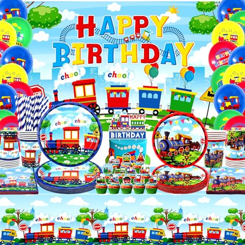 Decoraciones de fiesta de tren, incluye telón de fondo de feliz cumpleaños, platos, adornos para cupcakes, servilletas, vasos, manteles, para fiestas de tren, suministros de fiesta de vehículos (telón