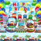 Decoraciones de fiesta de tren, incluye telón de fondo de feliz cumpleaños, platos, adornos para cupcakes, servilletas, vasos, manteles, para fiestas de tren, suministros de fiesta de vehículos (telón
