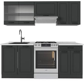 Vicco Küchenzeile R-Line, Anthrazit Landhaus/Anthrazit, 200 cm, AP Marmor