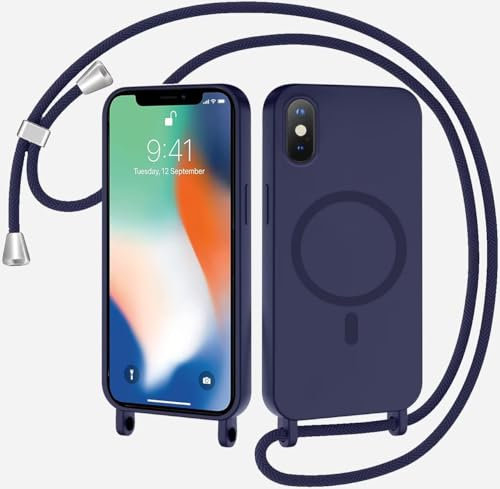 SLWYF Compatible with iPhone X/iPhone XS Wireless Charging, Shockproof Removable Phone Case with Strap Adjustable Neck Cord Necklace Soft Cover for iPhone X/iPhone XS, Navy blue