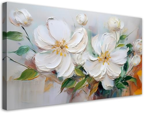 Feeby Leinwandbild - Bilder Wohnzimmer - Weiß gesteppte Blumen wie gemalt - 80x40 1tlg - Deko Schlafzimmer - Wanddekoration - Aesthetic - Groß Moderne Bild - Foto auf Leinwand