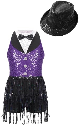 Vxuxlje Bambine Ragazze Hip Hop Jazz Modern Dance Abiti Latin Dance Vestito Body con Cappello Paillettes Costume Street Dancing per Bambini dai 6 Ai 16 Anni