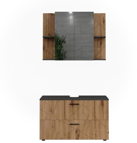 Vicco Badmöbel-Set Irma, Anthrazit/Goldkraft Eiche, 100 cm | besteht aus Badspiegel und Waschbeckenunterschrank