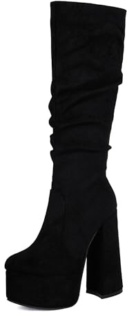 Bviennic Donna Stivali Alti Chunky Tacco Alto con Plateau Moda Punta Rotonda Zip Festa 2352 Nero Numero 40.5 EU/42Cn