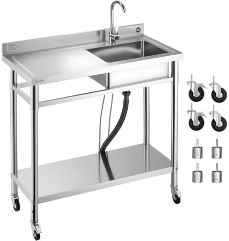 VEVOR Fregadero de Acero Inoxidable, 1000 x 500 x 1055 mm, de Un Seno con Grifo y Ruedas, Fregadero de Cocina para Garaje, Restaurante, Lavandería, Lavabo Exterior con Encimera Izquierda, Plata