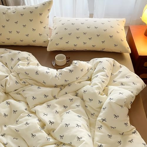 Covebett Bettwäsche 135x200 Mädchen Schwarz Weiß Schleifen Kinder Bettbezug 2teilig Aesthetic Kawaii Schleifenmuster Microfaser Einzelbett Deckenbezug mit Reißverschluss und Kissenbezug 80x80cm