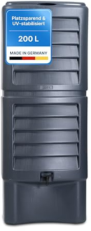 Hessentaler Container® Regentonne Anthrazit 200L /Wandregentonne – Platzsparend&UV-stabilisiert – Mit Auslaufhahn, Deckel und Anschlussmöglichkeiten für Regenrinne und Fallrohr – 100% Made in Germany