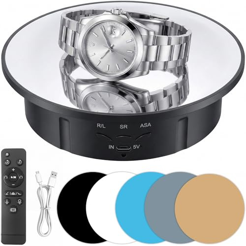 Drehteller Elektrisch - Drehscheibe 20cm mit 5 Hintergründen, Stufenlose Geschwindigkeit, 90°/180°/360° Rotation, für Produktfotografie und Live-Videoaufnahmen, 8kg Tragkraft