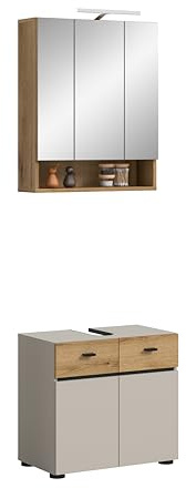 xonox.home – Badkombination inkl. Beleuchtung Aqua 60x191x35 cm in Kaschmir Melamin – 2-teiliges Set mit Spiegelschrank inkl. Leuchte – Kombi für effiziente Raumnutzung und perfekte Lichtverhältnisse