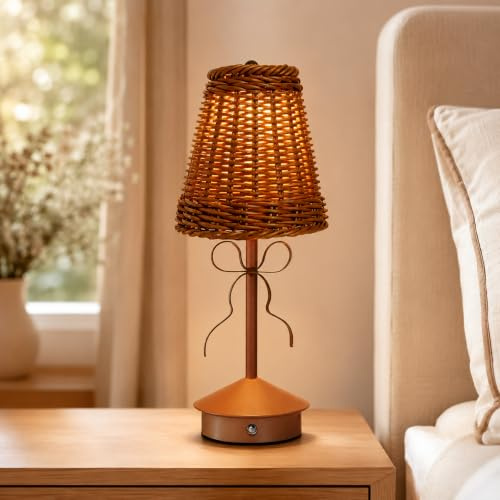 WLHBF Rattan Tischlampe, Wiederaufladbar Stufenlos Dimmbar | 3 Lichtfarben, Metall Schleife Dekor, Rattanschirm, kabellos nutzbar, Schlafzimmer Nachttisch Dekor, Touch Steuerung
