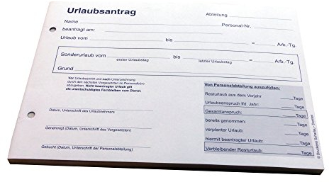 1x Urlaubsantrag - Blocks Urlaubsantrag - Urlaub - DIN A5 quer - 2-fach - durschschreibend 2x50 Blatt - SD (22267)