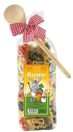 Bull & Bear bunte Osterhasen Nudeln, 250g, Motivnudeln aus Hartweizengrieß, handgefertigt in deutscher Manufaktur, Pasta Geschenk zu Ostern, inkl. Holzlöffel