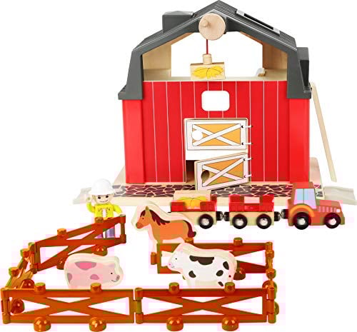 small foot 10800 World Bauernhof aus Holz, mit magnetischem Kran, Trecker mit Anhängern, Zaunmodule und Holztieren, kompatibel mit Allen gängigen Holzeisenbahnen