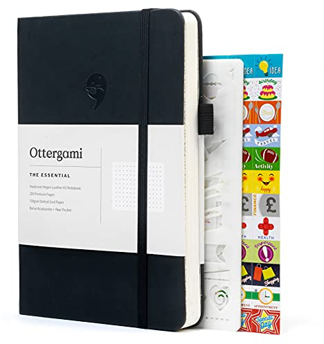 Ottergami Bullet Journal Notizbuch Gepunktet, Hochwertiges Dickes Papier mit 100 G/M², Essential A5 Dotted Bulletjournal, Punktiert Tollen Schablonen & Sticker