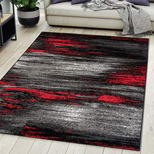 Carpeto Groß Teppich Wohnzimmer 250x350cm Rot Anthrazit Abstrakt Weich | Teppich für Schlafzimmer Esszimmer Büro Pflegeleicht Fußbodenheizungsgeeignet Reinigungsmittelbeständig Kurzflor Synthetisch