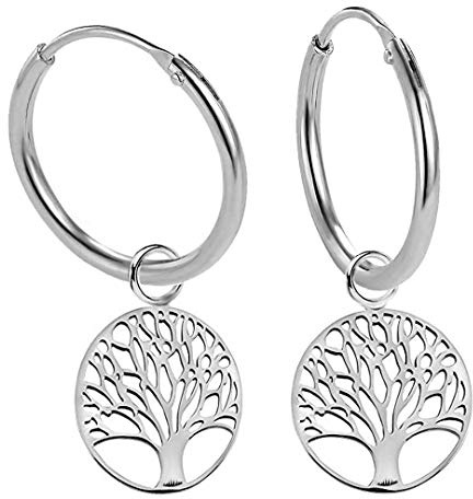 Creolen Ohrringe aus Sterling Silber 925 mit Anhänger Lebensbaum Glücksbringer für Damen und Girls