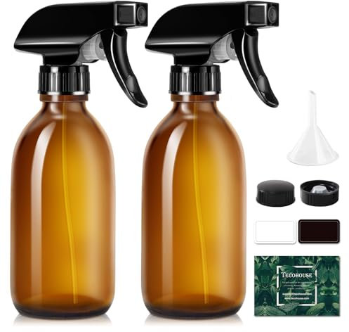 Tecohouse Botella de cristal con atomizador de 250 ml para productos de limpieza y aceite esencial, recipiente rociador recargable vacío ámbar con etiquetas, embudo, tapas, pipetas graduadas, tamaño