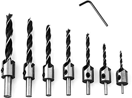 7 pcs Foret Bois avec Fraise HSS Alésoirs de menuiserie Carottage Chanfrein Mèche à tête fraisée avec fraisage et butée de profondeur Jeu de forets à fraiser 90°Mèches à bois hélicoïdales (3-10 mm)