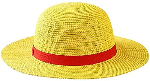 FOUTP One Piece Monkey D. Luffy Cosplay Chapeau Luffy Chapeaux Plats Cosplay Japonais Dessin Animé Accessoires Chapeau Enfant Rouge Rayure Plage Chapeau de Paille Visière (Herbe À Papier)