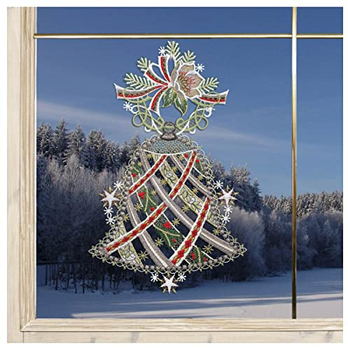 DSD Design-Studio Drechsler Winter-Fensterbild Glocke mit Christrose Fenster-Dekoration Advent aus Plauener Spitze Glöckchen grau 33x18 cm