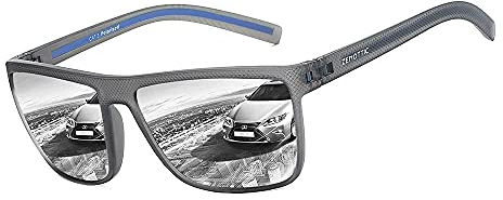 ZENOTTIC Gafas de sol polarizadas hombres luz TR90 marco UV400 protección cuadrado gafas de sol, C03 Marco gris/lente espejo plateado, L