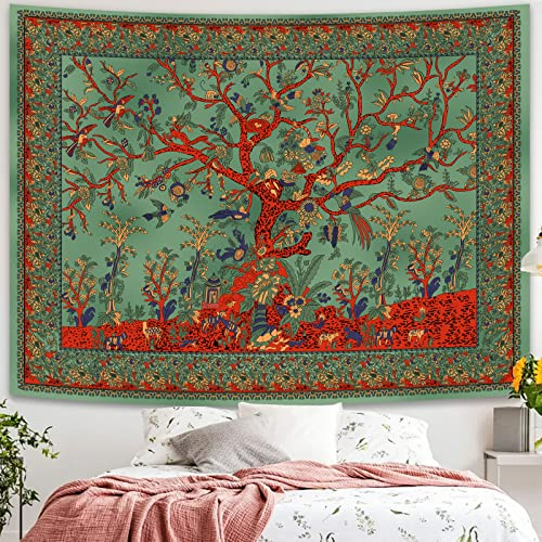 Simpkeely Arazzo da parete con albero della vita, mandala indiano, hippie, tie-dye, bohémien, decorazione artistica da parete per camera da letto, dormitorio, soggiorno, 130 x 140 cm (verde)