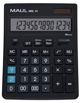 MAUL Kaufmännischer Taschenrechner MXL14 | 14 Stellen | inkl. Steuerberechnung | angewinkeltes Display | großer Profi-Tischrechner | Solarbetrieben | inklusive Batterie | 20,5 x 15,5 cm | Schwarz