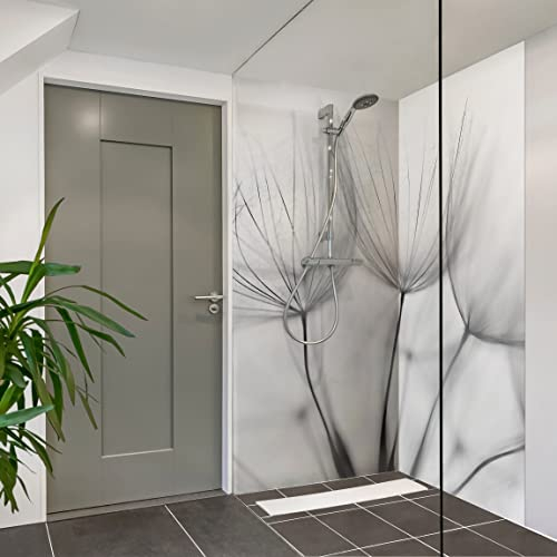 Duschrückwand - In einer Pusteblume Schwarz-Weiß, Alu-Dibond matt schutzlackiert 3 mm, 2-teilig à 200x80