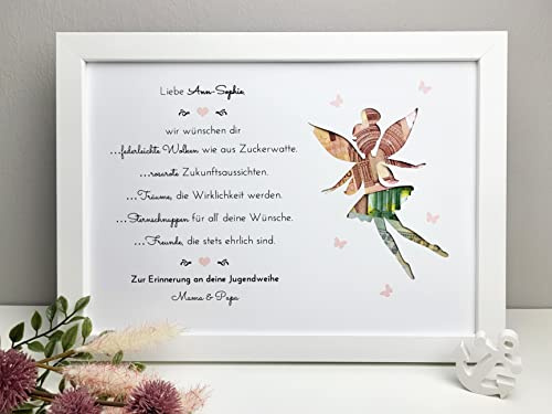 personalisiertes Geldgeschenk zur Konfirmation, Kommunion, Firmung, Jugendweihe oder Taufe - Motiv Fee (mit Bilderrahmen - weiß)