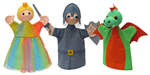 Set 3-Fach Marionette Märchenfigur Handpuppe Prinzessin Prinz Drache 18 cm, Mehrfarbig, für Kinder Jungen Mädchen Babys