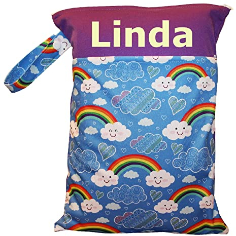 In Deutschland mit Namen personalisierte Wetbag Nasstasche mit 2 separaten Fächern, als Windelbeutel, im Kindergarten oder unterwegs (Regenbogen)