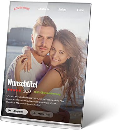 PhotoFancy® - Acrylglas Bild im Netflix Design personalisiert mit deinem Foto, Text und Widmung - Film-Cover Aufsteller als personalisierte Geschenkidee für alle Film- und Kinofans - Größe A4