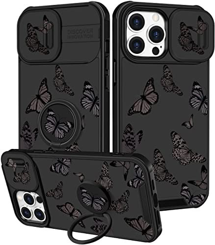 Funermei (2in1 for iPhone 11 Pro Max Cases for Women Butterfly Cute Girls Phone Cover Girly Pretty Aesthetic Black Butterfly Design with Camera Cover and Ring Stand Funda for Apple 11 Pro Max Case