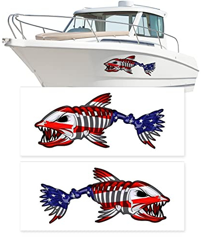 Boots-Skelett-Fisch-Aufkleber – amerikanische Flagge, Angel-Aufkleber, Haiknochen-Dekoration, Aufkleber, Grafikzubehör für Kanu, Kajak, Auto, SUV, 20,3 x 71,1 cm, 2 Stück (S, amerikanische Flagge)