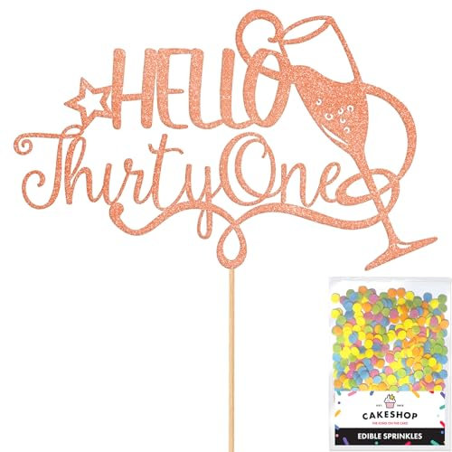 Personalised Champagne/Prosecco Flutes Glitter Cake Topper - Rose Gold Custom Age Glitter Cake Decoration and Sprinkles - Happy Birthday Decorations - Personalised Toppers for Cakes by Cakeshop