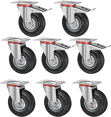 8 Stück Schwerlastrollen 200mm Lenkrollen Transportrollen mit Bremse bis 650kg Palettenrollen Rollen für Möbel 360° Drehbar Kein Geräusch(4 Bremsrollen, 4 Lenkrollen)