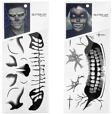 ENLACE Halloween Tattoos, 2 Blätter Skelett Gesichtstattoo, Halloween Temporäre Tattoos Aufkleber, Karneval Totenkopf Make Up, Horror Temporäre Tattoo für Halloweendeko, Karneval, Party