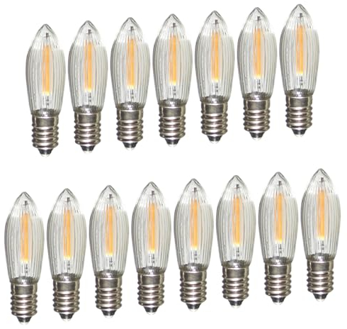 Erzgebirgslicht - AUSWAHL - 15 Stück LED Filament Topkerze 8 V 0,2 W für INNEN, für 28-30 Brennstellen E10 Riffelkerze Ersatzbirne Glühbirne Glühlämpchen für Lichterketten Pyramide Schwibbogen