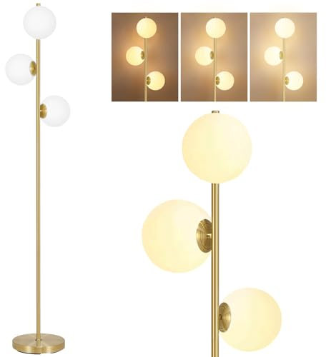 INMOZATA 3-Head Floor Lamps for Living Room, Standing Tall Lamp with Glass Globe Lampshade, Gold LED Floor Lamps for Living Room Bedroom Office Decoration Modern, G9 Bulb Sockets