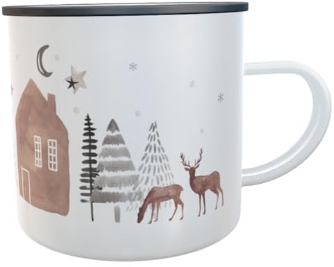 Emaille Tasse Weihnachten 300ml – Fröhliche Weihnachten Motiv mit Rentieren & Wald – Geschenk Tasse Winter Becher (Winterlandschaft)