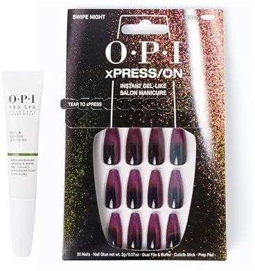 OPI xPRESS/ON Press On Nails & Cuticle Oil, 30 Pcs Reusable False Nails with up to 14 Days of Wear, Deeply Nourishing Cuticle Oil, Gel-Like Salon Manicure, Vegan, Swipe Night Black Nail Polish