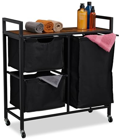 Relaxdays Wäschekorbregal, 3 ausziehbare Fächer, rollbare Wäscheablage, Wäschesammler, Industrial Design, schwarz/braun