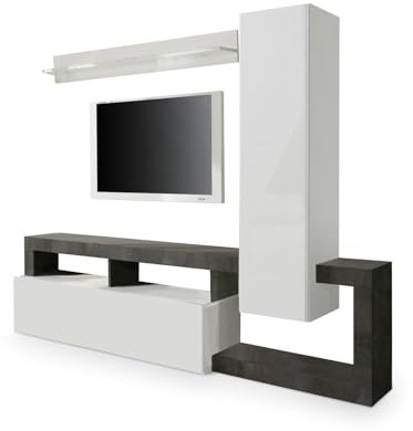Web Convenienza Parete TV Hamburg Bianco Lucido Attrezzata - Mobile Televisore in Legno con Pensili ad Ante a Ribalta Moderno (1 Pensile Alto, Ossido)