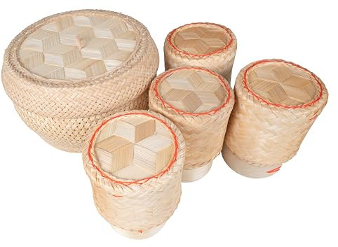 CCcollections Panier en Bambou Fait Main pour Riz Gluant - Panier avec Couvercle pour Riz Moelleux et Résistant à la Chaleur - Idéal pour Usage Domestique et Restaurant- Ensemble Cuiseur Vapeur