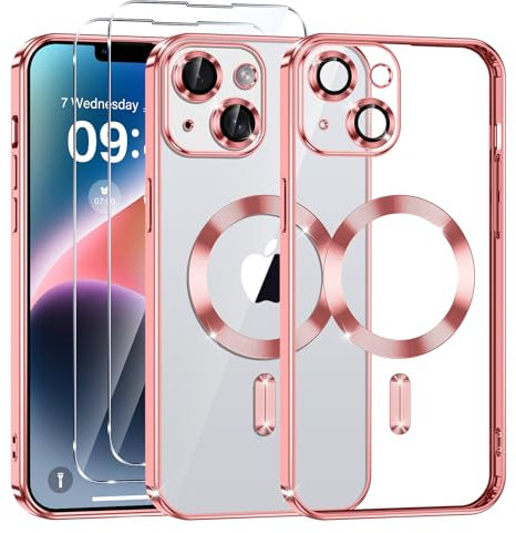 Phoona Cover Placcatura per iPhone 14 Plus 6,7 Pollici, Obiettivo per Fotocamera Protezione Completa e 2 × vetro temperato, Compatibile con MagSafe Ricarica Wireless, Protezione Militare, Rosa